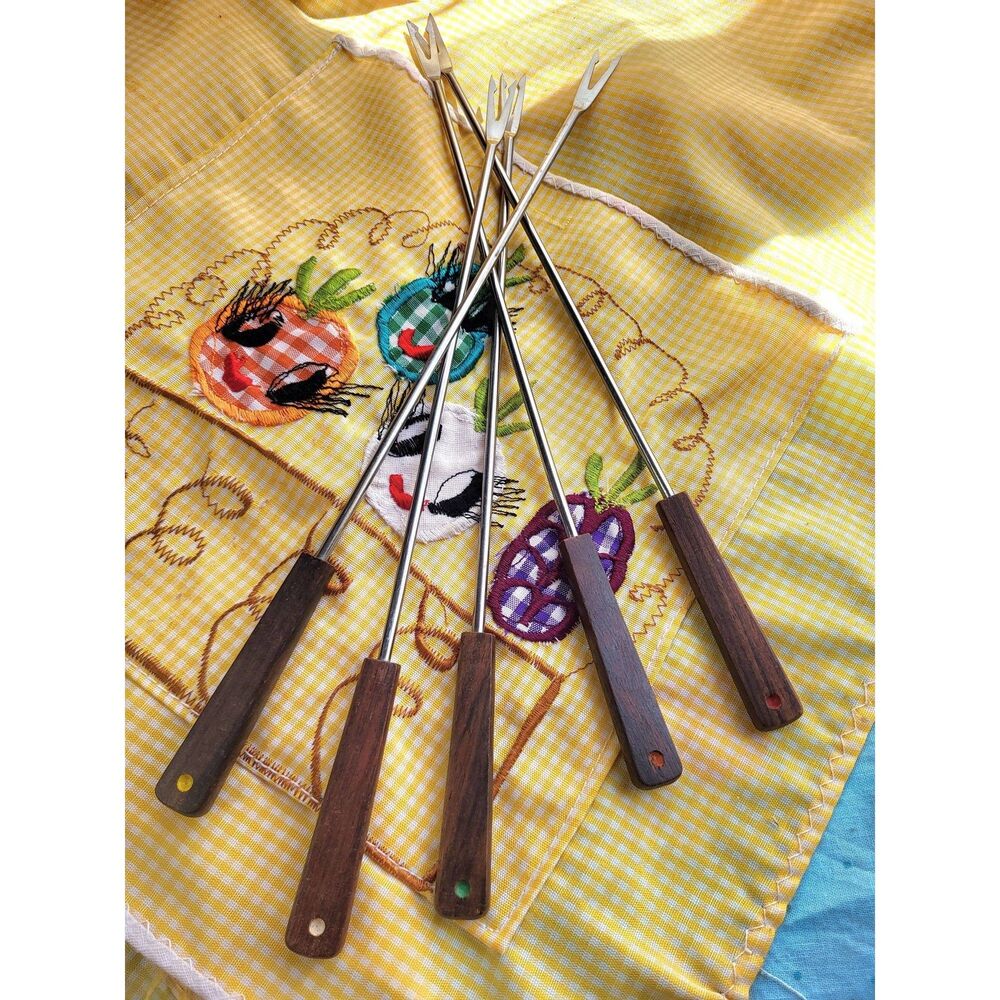 Vintage 70s Teak with Color Dot Handles Stainless Steel Fondue Forks